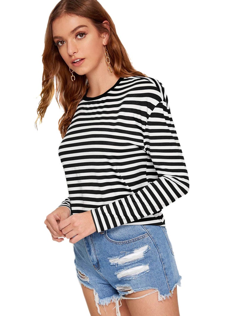 SweatyRocks Women's Casual Striped Tee Shirt Long Sleeve Round Neck Top Black S - Image 4